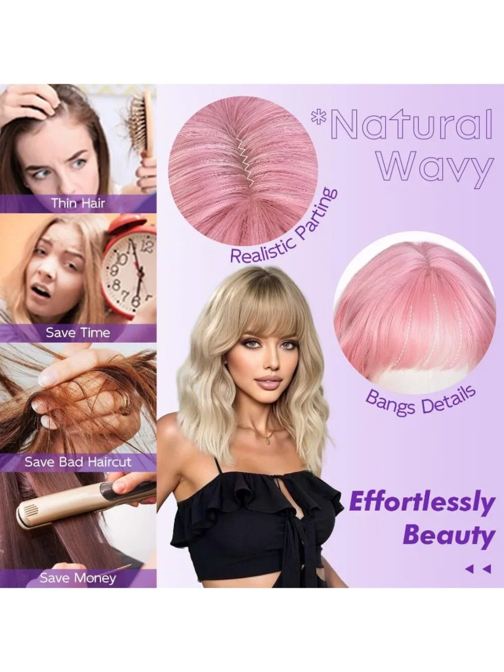 Women's Pink 14 Inch Natural Synthetic Short Curly Wavy Fiber Wigs